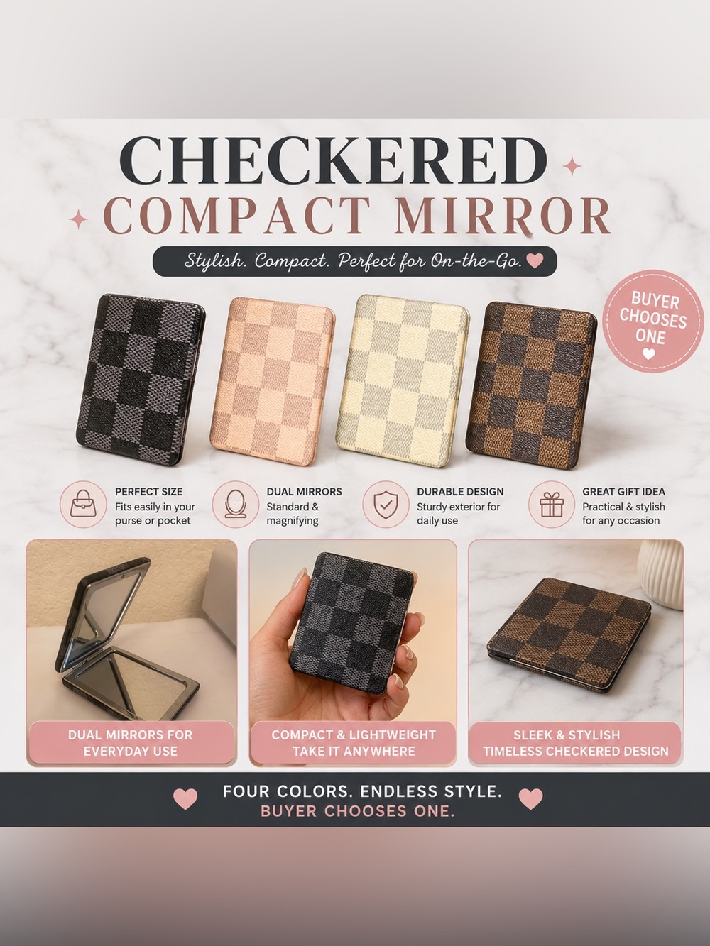 Checkered Compact Mirrors - CHOOSE ONE - Brand New - Pink, Cream, Black, Brown